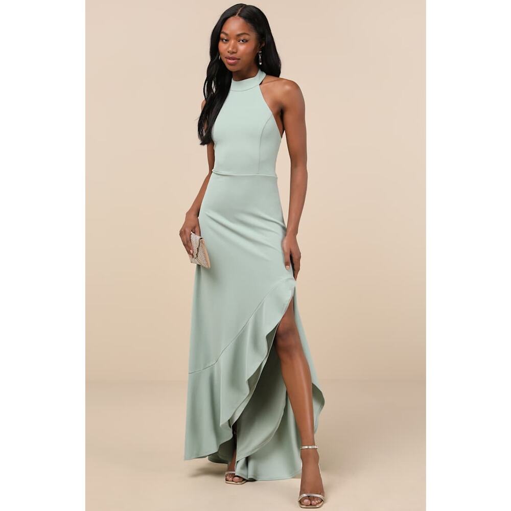 NWT Lulus Majestic Perfection Sage Green Ruffled Halter Maxi Dress Wedding Sz L